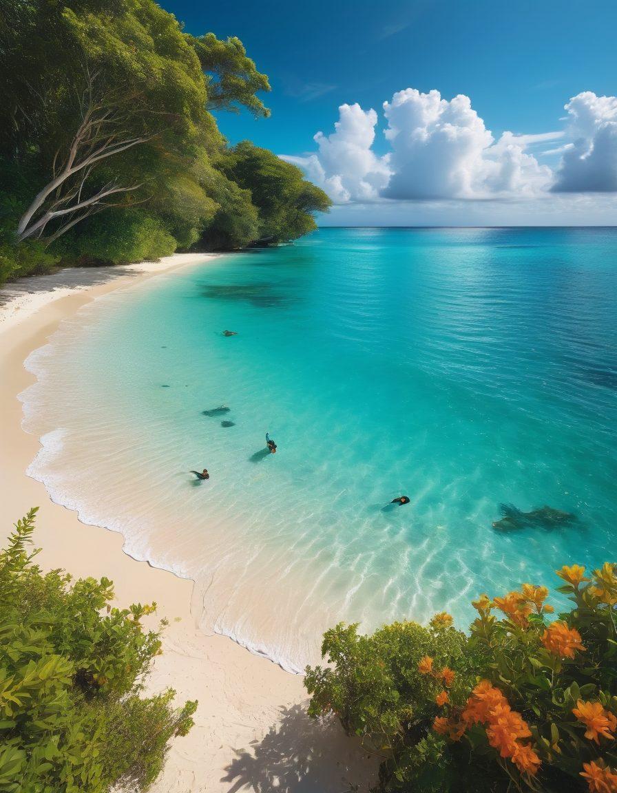 A breathtaking shoreline with golden sands merging into vibrant turquoise waters, framed by lush tropical vegetation. Include colorful marine life like fish and a diver exploring the underwater world, while a blogger captures the adventure with a camera on the beach. Warm sunlight filters through fluffy clouds, creating a lively atmosphere. super-realistic. vibrant colors. bright blue sky.