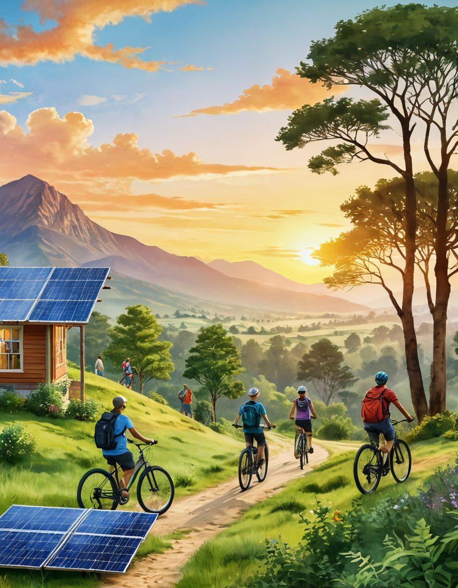 A serene landscape showcasing a diverse group of people engaging in eco-friendly activities, such as planting trees, hiking, and exploring nature. Include elements like solar panels, bicycles, and wildlife to emphasize sustainable living. The background should highlight a beautiful sunset over lush green hills, symbolizing harmony with nature. People of different ages and backgrounds should be depicted, illustrating inclusivity in the sustainable movement. Bright and vibrant colors, with a watercolor style.