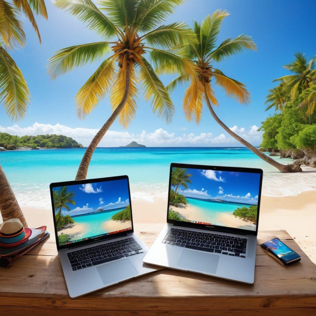 A breathtaking coastal landscape featuring vibrant blue oceans meeting golden sandy beaches, dotted with adventurous travelers and bloggers capturing stunning shots. Include a variety of marine life such as dolphins and colorful fish visible in the clear waters. In the foreground, a beautifully arranged beach setup with laptops, notebooks, and tropical drinks, inviting viewers to dive into blogging adventures. Add in lively palm trees swaying in the breeze under a sunny sky. super-realistic. vibrant colors. 3D.